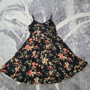 Women Black Floral Spaghetti-Strap Dress with Coral and Cream Blooms